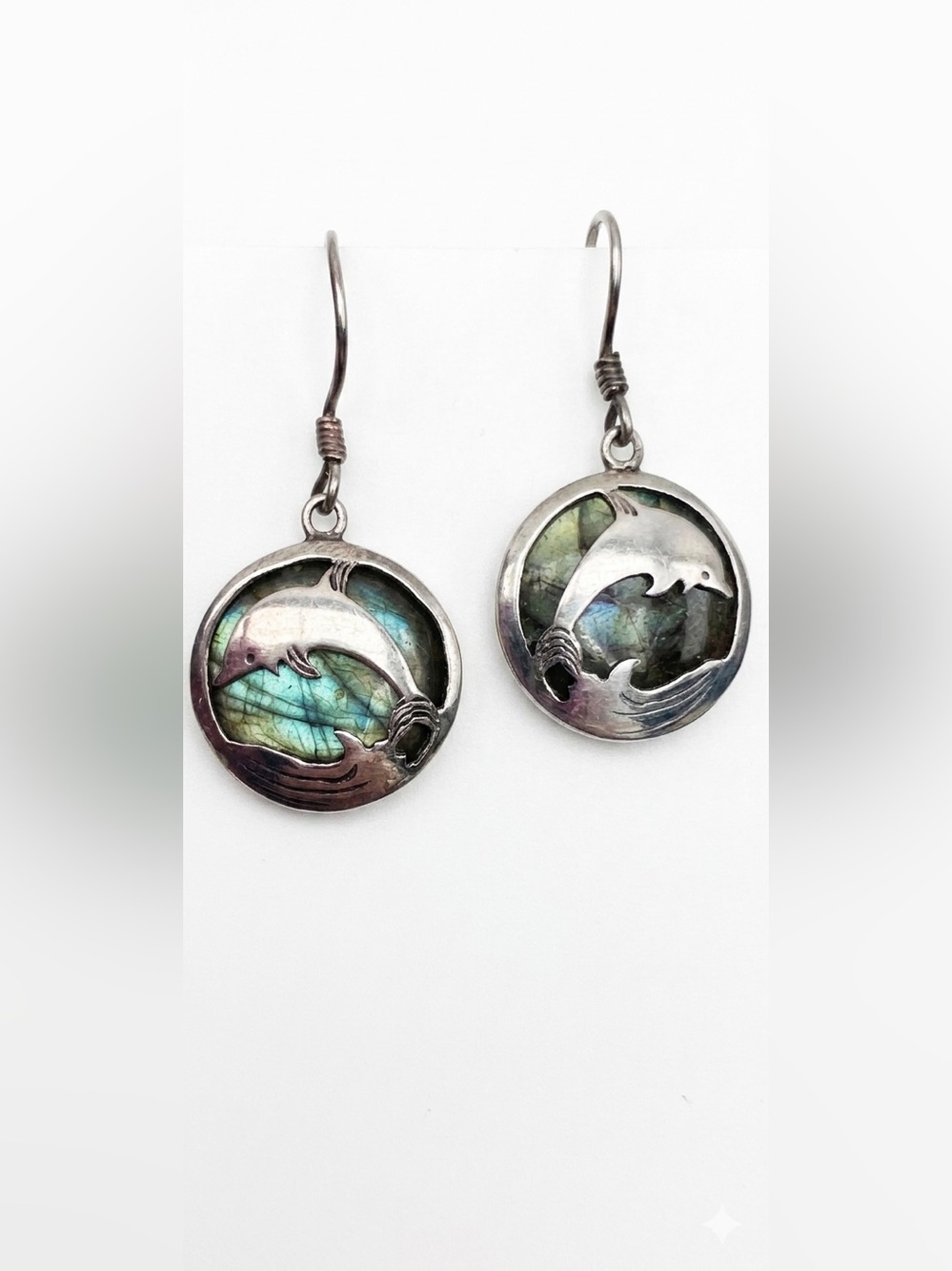 Sterling Silver & Labradorite Dolphin Pendant Drop Earrings Ocean Beach Coastal